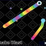 Barevný, hadovitý objekt na černém pozadí s obrazci a textem Snake Blast v levém dolním rohu