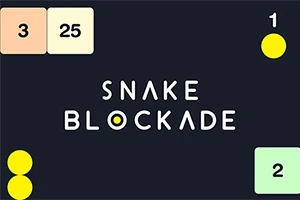 Černé pozadí s textem Snake Blockade uprostřed, obklopené barevnými čtverci s čísly a žlutými kuličkami