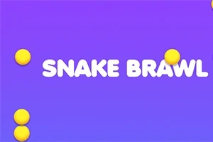 Fialové pozadí s nápisem „SNAKE BRAWL“ v bílém písmu a několika žlutými koulemi kolem textu