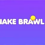 Fialové pozadí s nápisem „SNAKE BRAWL“ v bílém písmu a několika žlutými koulemi kolem textu