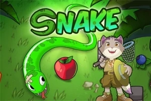 Zelený had vedle červeného jablka a postavy vlka ve skautském oblečení s podběrákem, na zeleném pozadí s nápisem SNAKE