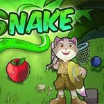 Zelený had vedle červeného jablka a postavy vlka ve skautském oblečení s podběrákem, na zeleném pozadí s nápisem SNAKE