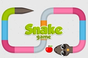 Barevný had vytváří smyčky kolem červeného jablka s nápisem Snake game uprostřed