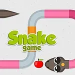 Barevný had vytváří smyčky kolem červeného jablka s nápisem Snake game uprostřed