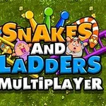 Nápis „Snakes and Ladders Multiplayer“ se dvěma postavami, hadem a žebříky na zeleném pozadí s květinami