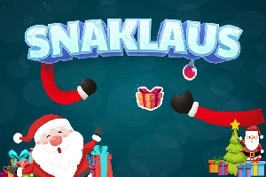 Santa Claus držící dárky s vánočním stromkem a nápisem SNAKLAUS na modrém pozadí