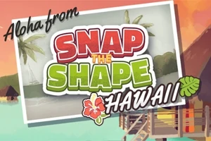 Pohlednice s nápisem Aloha from Snap the Shape Hawaii s obrázkem pláže, domů a palem