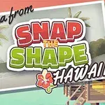 Pohlednice s nápisem Aloha from Snap the Shape Hawaii s obrázkem pláže, domů a palem