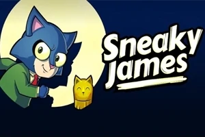 Modrá kreslená kočka ve smokingu s žlutou soškou a nápisem Sneaky James na tmavém pozadí