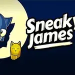Modrá kreslená kočka ve smokingu s žlutou soškou a nápisem Sneaky James na tmavém pozadí