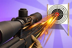 Ruka držící pušku s optickým zaměřovačem míří na terč, ze kterého létají jiskry