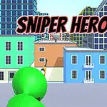 Zelená postava mířící zbraní na střechu budovy v městském prostředí s nápisem Sniper Hero
