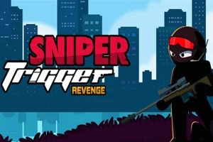 Postava s puškou a červenou maskou ve městě s nápisem Sniper Trigger Revenge