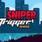 Postava s puškou a červenou maskou ve městě s nápisem Sniper Trigger Revenge