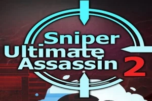 Název Sniper Ultimate Assassin 2 ve stylizovaném zaměřovači s modrými a červenými prvky na tmavém pozadí
