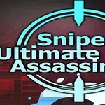 Název Sniper Ultimate Assassin 2 ve stylizovaném zaměřovači s modrými a červenými prvky na tmavém pozadí