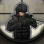 Voják ve vojenské výstroji mířící zelenou odstřelovací puškou skrz zaměřovací kříž