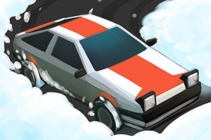 Auto s červeno-bílými pruhy driftující na zasněžené cestě