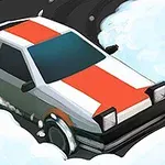Auto s červeno-bílými pruhy driftující na zasněžené cestě