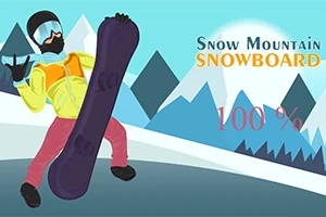 Postava na snowboardu s horským pozadím a nápisem Snow Mountain Snowboard 100 %