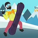 Postava na snowboardu s horským pozadím a nápisem Snow Mountain Snowboard 100 %