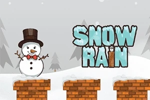 Sněhulák s cylindrem stojí na cihlové plošině s nápisem SNOW RAIN na zasněžené krajině v pozadí