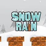 Sněhulák s cylindrem stojí na cihlové plošině s nápisem SNOW RAIN na zasněžené krajině v pozadí