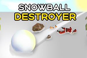 Sněhová koule valící se dolů po svahu s figurínou Santa Clause a s názvem Snowball Destroyer nad ní