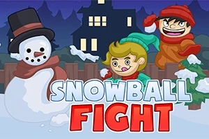 Dvě postavy v zimním oblečení házejí sněhové koule vedle sněhuláka, v pozadí dům a noční obloha s nápisem Snowball Fight