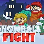 Dvě postavy v zimním oblečení házejí sněhové koule vedle sněhuláka, v pozadí dům a noční obloha s nápisem Snowball Fight