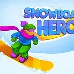Kreslená postavička na snowboardu sjíždí zasněžený svah, v pozadí nápis Snowboard Hero a zasněžený strom