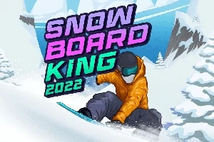 Snowboardista v oranžové bundě sjíždí zasněžený svah mezi zasněženými stromy a horami s nápisem Snowboard King 2022