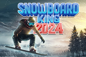 Snowboardista skáče ve vzduchu na zasněžené krajině s lesy a horami na pozadí, nad ním je výrazný text „SNOWBOARD KING 2024“