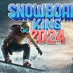 Snowboardista skáče ve vzduchu na zasněžené krajině s lesy a horami na pozadí, nad ním je výrazný text „SNOWBOARD KING 2024“