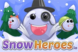 Šťastná bílá koule s kloboukem a monoklem uprostřed sněžných stromů s nápisem Snow Heroes