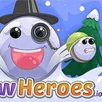 Šťastná bílá koule s kloboukem a monoklem uprostřed sněžných stromů s nápisem Snow Heroes
