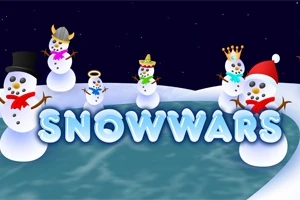 Sněhuláci s různými klobouky a doplňky stojí kolem nápisu SNOWWARS na zasněžené ploše u zamrzlého jezera