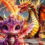 Barevný dračí mládě s vejcem před velkým ohnivým drakem v pozadí
