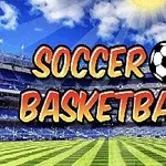 Nápis Soccer Basketball na stadionu s jasnou oblohou a zeleným trávníkem