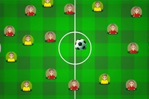 Diagram fotbalového hřiště s postavičkami ve žlutých a červených dresech a míčem uprostřed