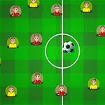 Diagram fotbalového hřiště s postavičkami ve žlutých a červených dresech a míčem uprostřed