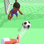 Dva kreslení fotbalisté v modročervených dresech hrají fotbal na hřišti před brankou