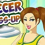 Mladá žena s hnědými vlasy v žlutozeleném tílku vedle nápisu Soccer Dress-Up