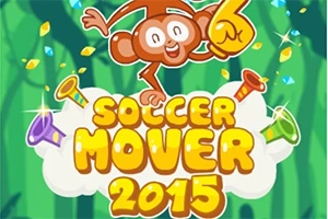 Opice s pěnou rukavicí číslo šest nad nápisem Soccer Mover 2015 uprostřed zeleného pozadí s barevnými trumpetkami