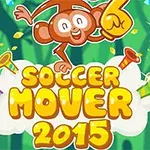 Opice s pěnou rukavicí číslo šest nad nápisem Soccer Mover 2015 uprostřed zeleného pozadí s barevnými trumpetkami