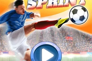Fotbalista v modrém dresu kopající do míče s nápisem a velkým tlačítkem „play“