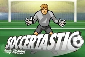 Ilustrace fotbalového brankáře v bráně s nápisem Soccertastic a fotbalovým míčem