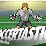 Ilustrace fotbalového brankáře v bráně s nápisem Soccertastic a fotbalovým míčem