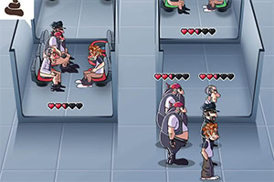 Postavy s červenými čepicemi sedí a stojí v čekárně s viditelnými ukazateli životů