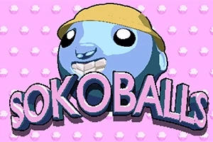 Modrá kreslená postavička s kloboukem a nápisem Sokoballs na růžovém pozadí s bílými puntíky